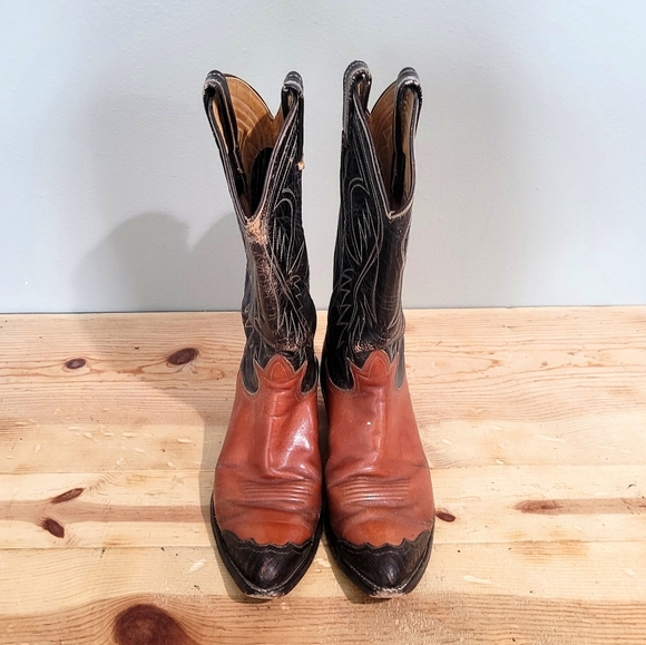 Vintage Tony Lama Men's Western Cowboy Boots Two Tone Leather Rockabilly Size 7 - Picture 4 of 13